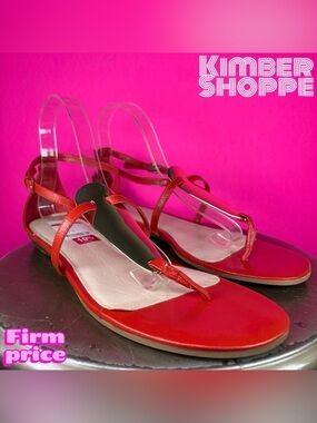 Nine West Weslie Red Leather Gold Shield Hardware Toe Post Flat Sandal US 10.5